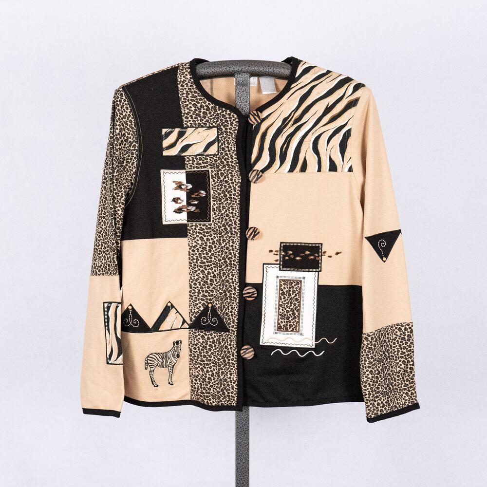 Women's Vintage Animal Print Safari Zebra Theme Top MEDIUM Patchwork Embroidered